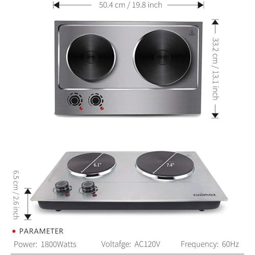 CUSIMAX 1800W Double Hot Plate, Stainless Steel Silver Countertop Burner Portable Electric Double Burners Electric Cast Iron Hot Plates Cooktop, Easy to Clean, Upgraded Version C180N - color: Silver, size: Double