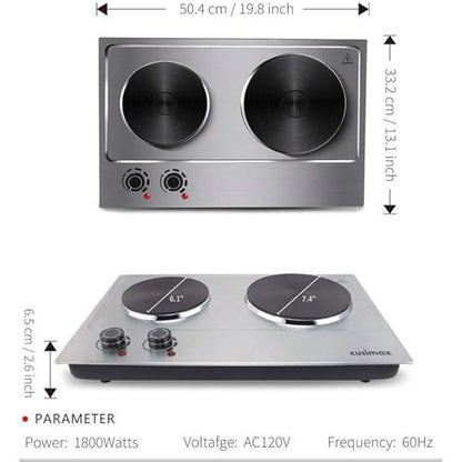 CUSIMAX 1800W Double Hot Plate, Stainless Steel Silver Countertop Burner Portable Electric Double Burners Electric Cast Iron Hot Plates Cooktop, Easy to Clean, Upgraded Version C180N - color: Silver, size: Double