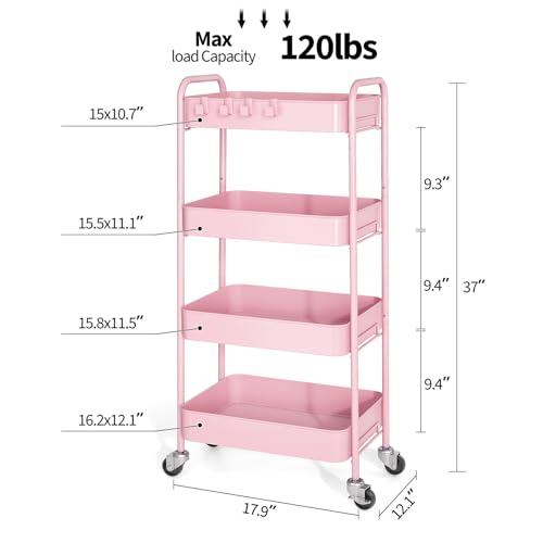 TOOLF 4 Tier Metal Rolling Cart, Utility Storage Cart with Wheels, Pink - color: Pink, size: 4-Tier