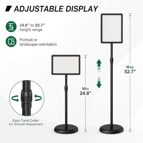 Sign Holder Stand Display: 8.5×11 Inch Adjustable Standing Signage Stand with Snap Frame for Malls Schools Restaurants