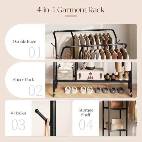 Yoobure Double Rods Clothes Rack - Portable Clothing Rack with Wheels, Rolling Garment Rack with 3-Tier Shelves & 4 Hooks, Freestanding Clothing Racks for Hanging clothes