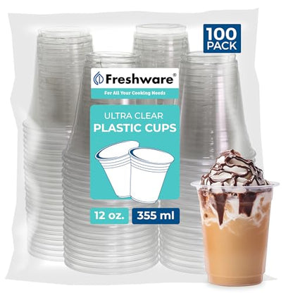 Freshware 12 oz Clear Disposable Plastic Cups, 100 Pack Clear Plastic Cups Tumblers, Heavy-duty Party Glasses, Disposable Cup for Thanksgiving, Halloween, Christmas Party - size: 12 oz. [100-PK]