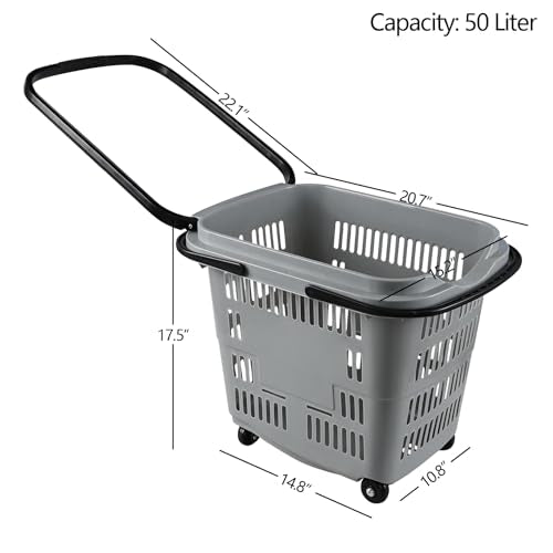 50 Liter Large Plastic Shopping Basket with Wheels, 4 Pack, Gray