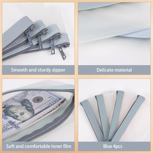 4 Pack Clear Money Envelopes for Cash Money Bag Pouch 7.6x3.7 inch - color: blue