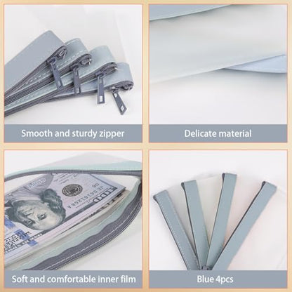 4 Pack Clear Money Envelopes for Cash Money Bag Pouch 7.6x3.7 inch - color: blue