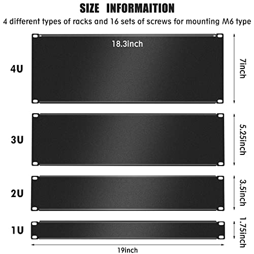 4 Pack 1U/2U/3U/4U Blank Panel 1U Blanking Panel Metal Disassembled Blank Panel Rack Mount Filler Panel for Server Rack Enclosure or Network Cabinet, Black, 4 Size