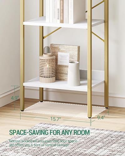 Hzuaneri Bookshelf, Book Shelf, Industrial Bookcase with 2 Hooks - color: White Gold, size: 9.4"D x 15.4"W x 72.8"H