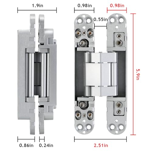 Hidden Door Hinges, 2 Pack 6 inch, 3 Way Adjustable 180° Concealed Hinge - color: Silver, size: 6 Inch