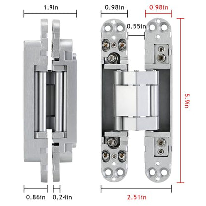 Hidden Door Hinges, 2 Pack 6 inch, 3 Way Adjustable 180° Concealed Hinge - color: Silver, size: 6 Inch