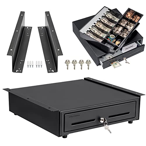 Volcora Cash Register Drawer with Under Counter Mounting Bracket - 16" Black Drawer for POS, 5 Bill 8 Coin Compartment, Fully Removable 2 Tier Cash Tray, 12-24V RJ11/RJ12 Key-Lock, Double Media Slot - color: Black, size: 16" - 5 Bill 8 Coin with Bracket