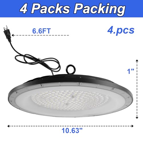4 Pack UFO LED High Bay Light, 150W, 6500K - size: 10.66
