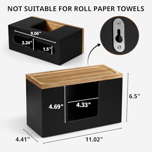 Paper Towel Dispenser Wall Mount, Wooden Bathroom Paper Towel Holder with Lid for Home and Commercial, C-Fold, Z-Fold, Trifold Paper Hand Towel Dispenser for Bathroom Kitchen Restroom, Black