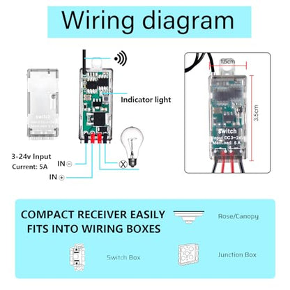 Mini Wireless Switch,5V/12V/24V/5A Relay 2 Way Remote Control Switch. - size: 2 Way 5V-24V 5A Mini Remote Switch