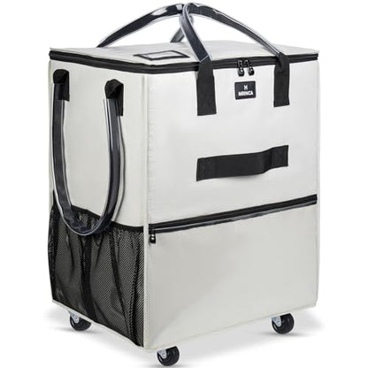 Reusable Grocery Bag On Wheels, 70L Foldable Rolling Tote with 6 Pockets - color: Beige, size: Medium