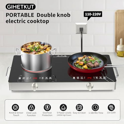 GIHETKUT Electric Cooktop,110V 2400W Stove top, Countertop Cooktop with 9 Power Levels, LED Display,Child Safety Lock, Timer,Knob and Touch Control 2 burner Electric cooktop - size: 2 burner stove top