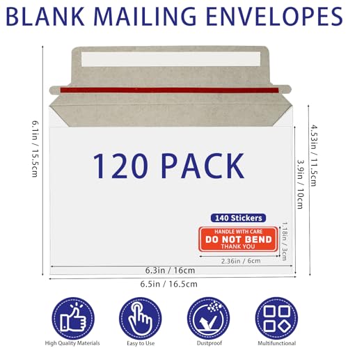 Cheardia 120 Pack Rigid Mailer with Self Adhesive Seal, 6.5 x 4.5 Inch Keep Flat Photo Document Mailers, Small Thick Cardboard Shipping Envelopes with Label for Photos, Document, White - size: 6.5 x 4.5 Inch