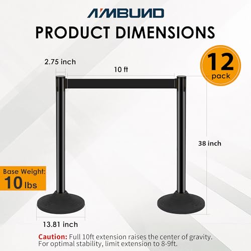 12 Pack Stanchions with Retractable Belts - Heavy Duty Crowd Control Barriers with Weighted Rubber Base, 10FT Retractable Belt Stanchions for Queue Line, Events, Public Safety(Black，12 Pack） - color: Black - 12 Pack, style: Round Base