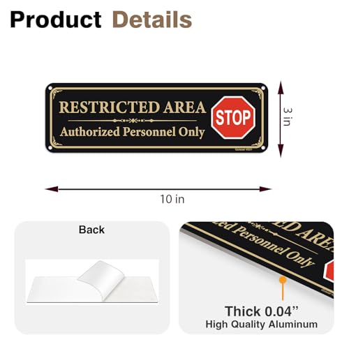 2 Pack Restricted Area Sign Authorized Personnel Only, Do Not Enter Sign, 10 x 3 Inches Self-Adhesive .40 Rust Free Aluminum, UV Protected, Weather Resistant, Waterproof, Durable Ink，Easy to Mount