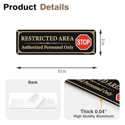 2 Pack Restricted Area Sign Authorized Personnel Only, Do Not Enter Sign, 10 x 3 Inches Self-Adhesive .40 Rust Free Aluminum, UV Protected, Weather Resistant, Waterproof, Durable Ink，Easy to Mount