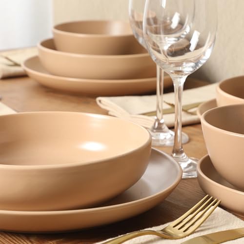 Gibson Elite Leeds Court Plates and Bowls Sets, 16-Piece Stoneware Dinnerware Sets, Terracotta, Round Speckle Reactive Glaze Dish Set - color: Terracotta (Leeds Court)