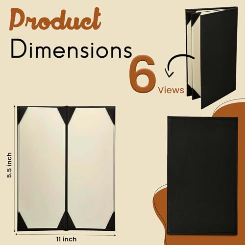 Prestine Menu Covers Made of Premium Faux Leather (10-Pack) - 5.5" x 11" - 6 Views - Black - Restaurant Menu - Wine List - Bar Menu - size: 5.5”x11” - 6 Views