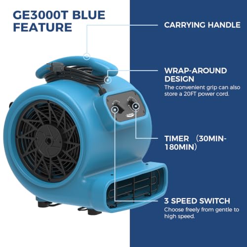 ALORAIR Air Mover 3 Speed Floor Drying Fan 5 Angle Blower Fan - GE3000T - size: Medium