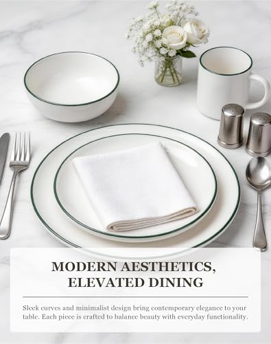 OTAGO 16-Piece Dinnerware Set for 4 with 4 Mugs, White with green rim Stoneware Plates and Bowls Sets, Ceramic Dish Set for Kitchen, Dinner & Dining, Green Rim, Microwave & Dishwasher Safe
