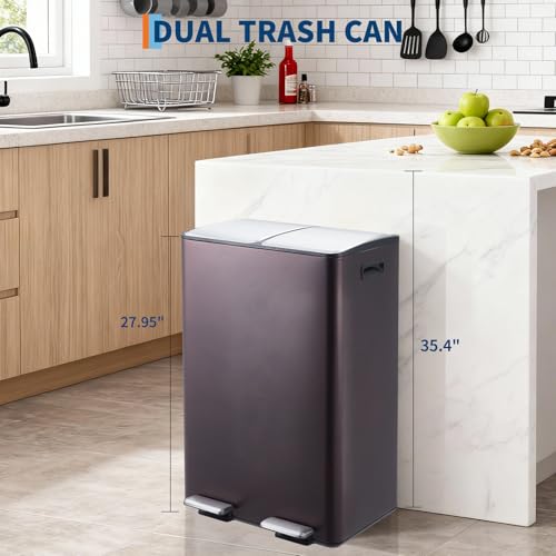 Garvee Dual Trash Can, 16 Gal (2 x 30 l) Stainless Steel Kitchen Garbage Can with Lid and Inner Bucket, Double Compartment Trash and Recycle Bin Combo with Step Pedal for Home Office, Brown - color: Brown, size: 30L+30L