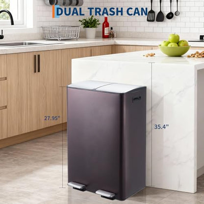 Garvee Dual Trash Can, 16 Gal (2 x 30 l) Stainless Steel Kitchen Garbage Can with Lid and Inner Bucket, Double Compartment Trash and Recycle Bin Combo with Step Pedal for Home Office, Brown - color: Brown, size: 30L+30L