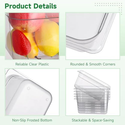 6 PCS Clear Food Pans, 1/3 Size 6 Inch Deep, 5 Qt Commercial Plastic Food Containers, Transparent Freezer-Safe Storage Pans with Frosted Non-Slip Bottom for Kitchen Prep Restaurant Buffet Party
