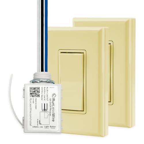 RunLessWire 3-Way Battery-Free Wireless Light Switch Kit - Ivory - color: Ivory, size: 3-Way Kit: 2 Switches Control 1 Receiver