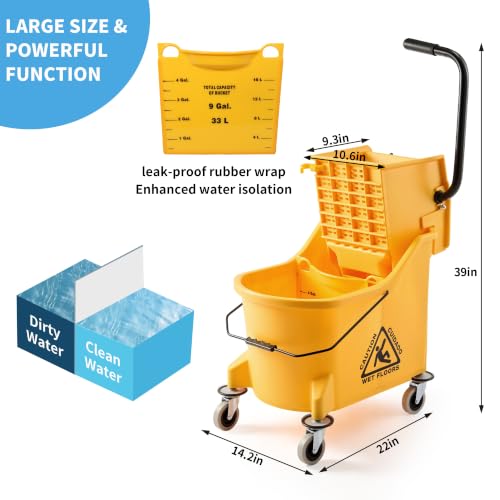 44 QT Commercial Mop Bucket with Side Press Wringer on Wheels