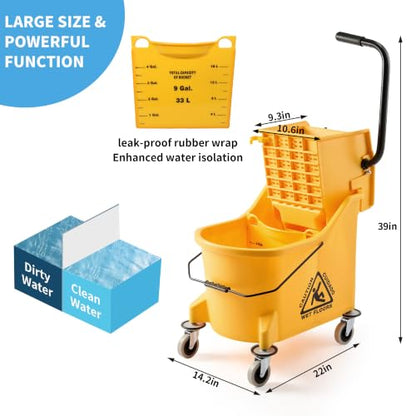 44 QT Commercial Mop Bucket with Side Press Wringer on Wheels