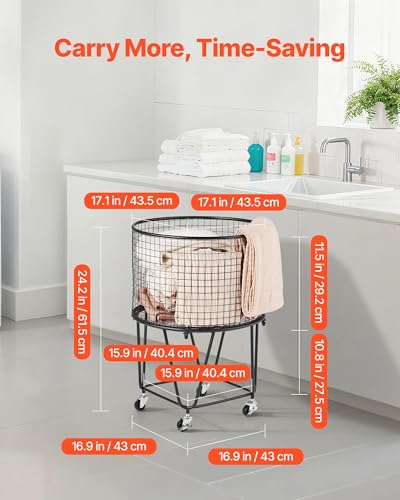 VEVOR Laundry Basket with Wheels, Metal Storage Cart Deep Set Rolling Mesh Laundry Hamper, 60 LBS Large Load Capacity, 17" x 17" x 24", Black - size: 16.9"D x 16.9"W x 24.2"H