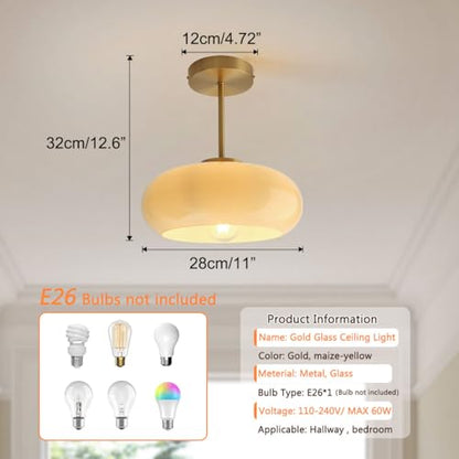 Mid Century Ceiling Light Fixtures Milk Glass Ceiling Lights Round Milk Yellow Shade Gold Brass Semi Flush Mount Ceiling Light Globe Glass Ceiling Lamp for Hallway Dining Room Kitchen - color: Milk Yellow 2