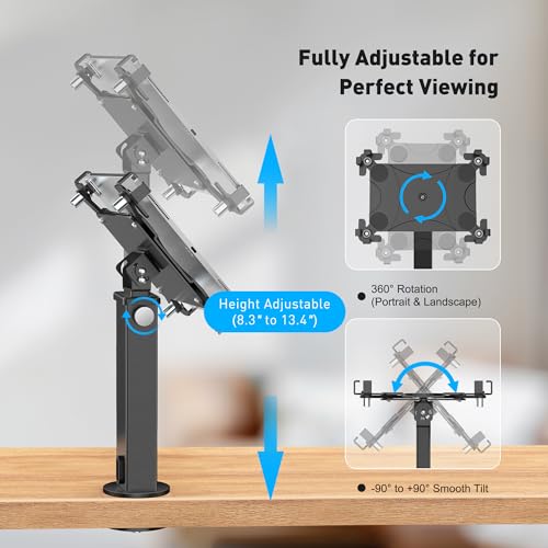AboveTEK iPad Desk Grommet Mount, Adjustable Tablet Desk Mount with 360° Rotation & 180° Tilt, Fits 9.7"-13" Tablets, Anti-Theft iPad Stand, Heavy-Duty Aluminum Tablet Stand, Perfect for Work - color: Black