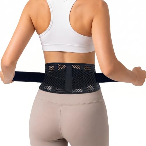 Breathable Thin Back Brace for Women, Adjustable Lower Back Support Belt for Everyday Pain Relief, Slim Low-Profile Lumbar Brace with Gentle Compression, Comfortable Under Clothes - size: M(Waist:35"-43")