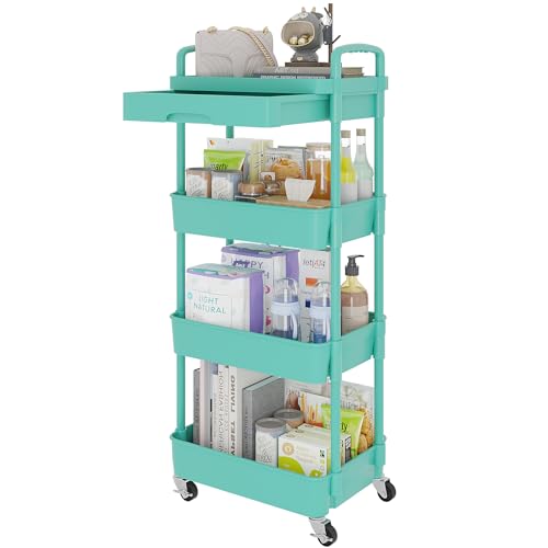 Calmootey 4-Tier Utility Cart with Drawer & Wheels, Storage for Home,Office - color: Green, size: 4-Tier