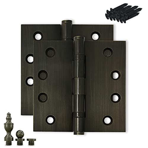 Solid Brass Door Hinge Heavy Duty Ball Bearing 4x4 Inch with Decorative Screw-on Tips Included - Set of 2 Hinges (Antique Brass) - color: Antique Brass
