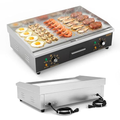 ROVSUN 26" Electric Griddle, Electric Countertop Half Flat Top Griddle, 3200W Grill Stainless Steel with Adjustable Temperature Control 122°F-572°F for Commercial Home Restaurant, Plug - size: 26"