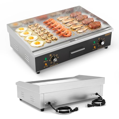 ROVSUN 26" Electric Griddle, Electric Countertop Half Flat Top Griddle, 3200W Grill Stainless Steel with Adjustable Temperature Control 122°F-572°F for Commercial Home Restaurant, Plug - size: 26"