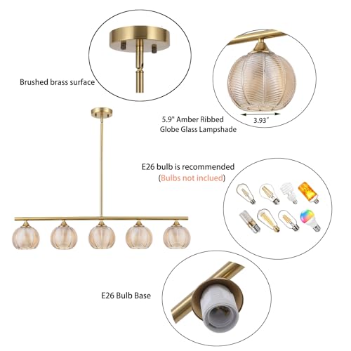 BYOLIIMA Modern Brushed Brass Linear Chandelier Amber Ribbed Glass Shade 5-Lights Gold Mid Century Sputnik Globe Pendant Light Farmhouse Ceiling Hanging Light Fixture Dining Room Kitchen Island - color: Gold/Amber