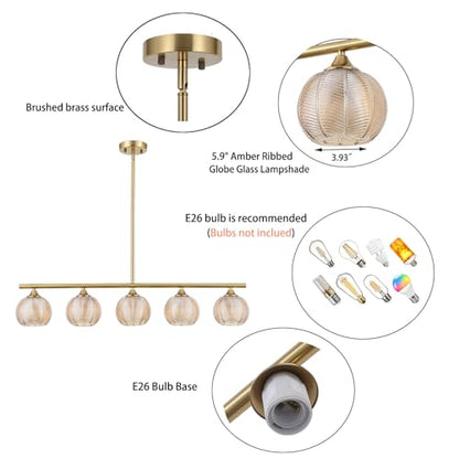BYOLIIMA Modern Brushed Brass Linear Chandelier Amber Ribbed Glass Shade 5-Lights Gold Mid Century Sputnik Globe Pendant Light Farmhouse Ceiling Hanging Light Fixture Dining Room Kitchen Island - color: Gold/Amber