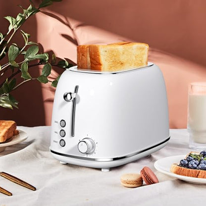 Roter Mond 2 Slice Toaster Retro Stainless Steel with Bagel, Cancel, and Defrost Functions, 6 Bread Shade Settings, Extra Wide Slots and Removable Crumb Tray, White - color: White