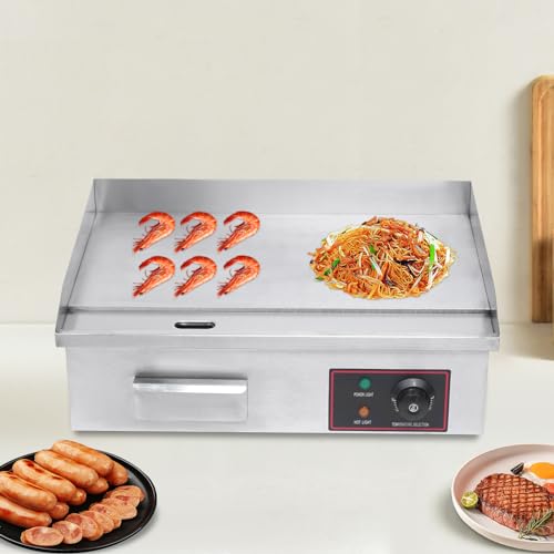 Commercial Electric Griddle, 21"x12" Teppanyaki Grill 1600W Electric Flat Top Heavy Duty Grill, 122-572°F Stainless Steel Countertop Griddle w/Drip Hole & Non-Stick Cooking Plate for Restaurant use
