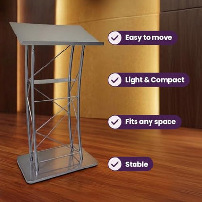 Kingdom KML2S Large Curved Lectern with Shelf, Stand Up Church Pulpit, Slanted Lectern, Conference Podium for Speakers, Speeches, and Other Occasions- Truss Lectern, Silver Powder Coat Finish, Metal - size: Design 03