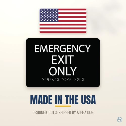 Alpha Dog Emergency Exit Only Sign, 6x9 ADA Braille Sign, Black - color: Black, size: Emergency Exit Only