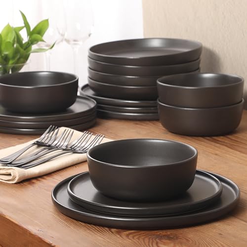 Gibson Elite Bayou Moon Plates and Bowls Sets, 16-Piece Black Matte Stoneware Dinnerware Sets, Solid Color Reactive Glaze Dish Set - color: Matte Black (Bayou Moon)