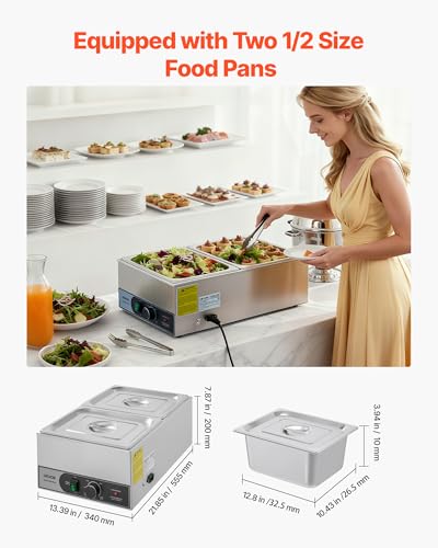 VEVOR Commercial Food Warmer, 1200W Electric Stainless Steel Steam Food Warmer, Fast Heating Countertop Buffet Bain Marie with Two 1/2 Size Food Pans, for Catering, Restaurants, Parties & Buffets - size: 2*1/2Pan