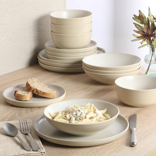 Gibson Elite Tribeca Loft 16-Piece Dinnerware Set – Matte Cream and White Reactive Glaze Stoneware, Double Bowl Round Plates and Bowls – Modern Neutral Tableware for 4, Dishwasher & Microwave Safe - color: Matte Cream & White (Tribeca Loft)